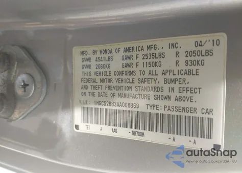 2010 Honda Accord 3.5 Ex-L z USA, uszkodzony, nr VIN 1HGCS2B83AA008869